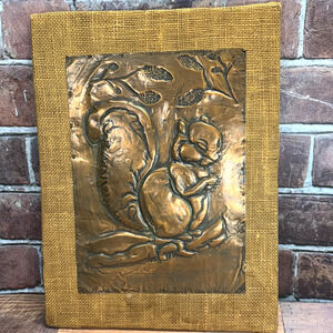 Vintage 3D Hammered Copper Art Wall Hanging Squirrel Fall Embossed Burlap Border